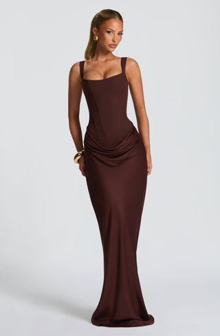 R.F Cornelia Maxi Dress Crepe Corset Cowl Overlay Plum Brown