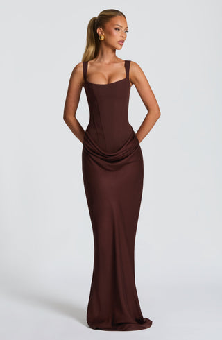 R.F Cornelia Maxi Dress Crepe Corset Cowl Overlay Plum Brown