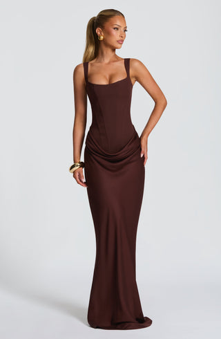 R.F Cornelia Maxi Dress Crepe Corset Cowl Overlay Plum Brown