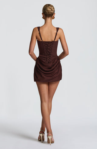 R.F Cornelia Mini Dress Boned Crepe Bodice Plum Brown