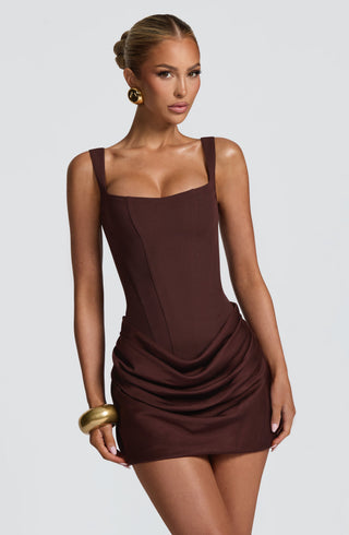 R.F Cornelia Mini Dress Boned Crepe Bodice Plum Brown