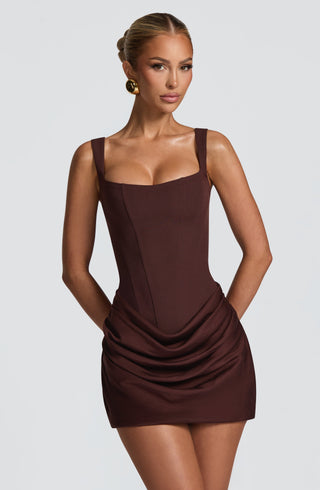 R.F Cornelia Mini Dress Boned Crepe Bodice Plum Brown
