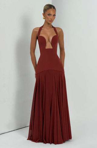 S.M Cyrene Maxi Dress Halter Plunge Neck Deep Rust
