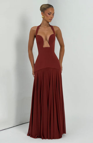 S.M Cyrene Maxi Dress Halter Plunge Neck Deep Rust