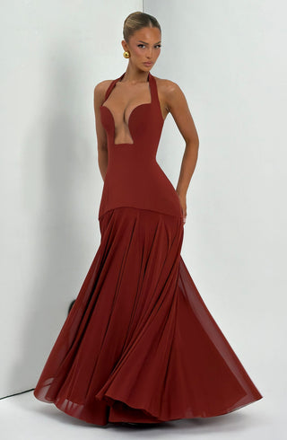 S.M Cyrene Maxi Dress Halter Plunge Neck Deep Rust