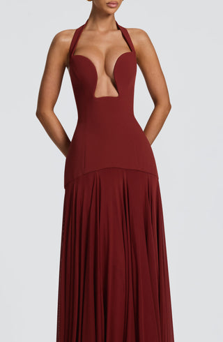 S.M Cyrene Maxi Dress Halter Plunge Neck Deep Rust