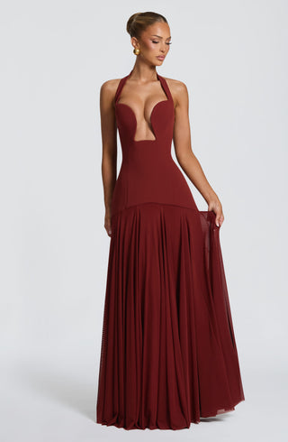 S.M Cyrene Maxi Dress Halter Plunge Neck Deep Rust