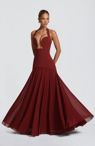 S.M Cyrene Maxi Dress Halter Plunge Neck Deep Rust