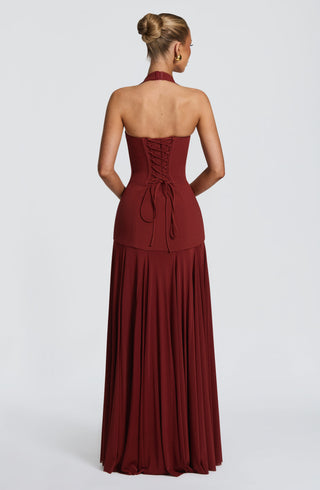 S.M Cyrene Maxi Dress Halter Plunge Neck Deep Rust