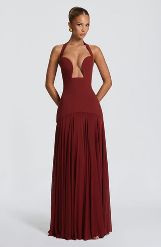 S.M Cyrene Maxi Dress Halter Plunge Neck Deep Rust
