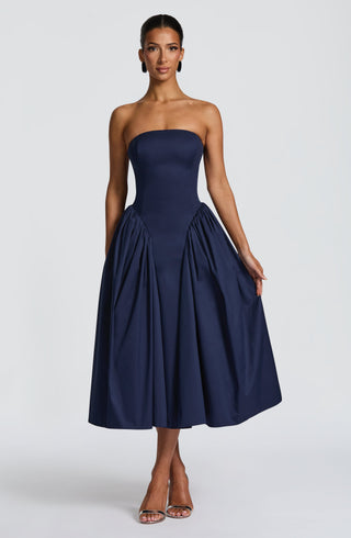 S.M Darla Midi Strapless Corset Dress Cotton Poplin Navy