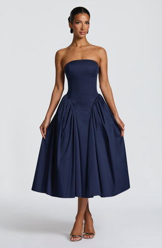 S.M Darla Midi Strapless Corset Dress Cotton Poplin Navy