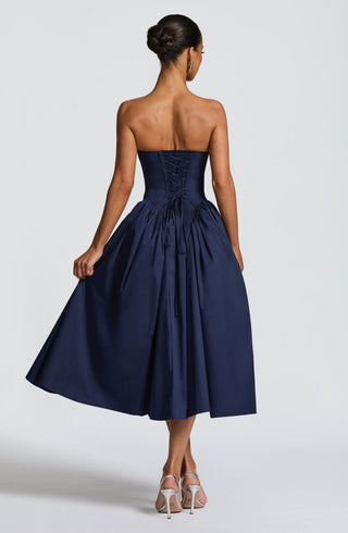 S.M Darla Midi Strapless Corset Dress Cotton Poplin Navy