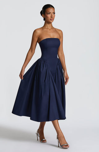 S.M Darla Midi Strapless Corset Dress Cotton Poplin Navy