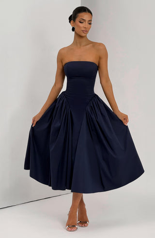 S.M Darla Midi Strapless Corset Dress Cotton Poplin Navy