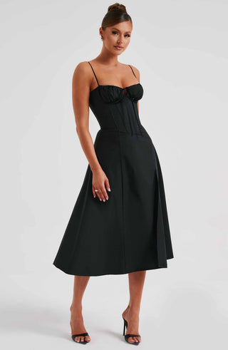 R.F Deanna Midi Dress Cotton-Blend Corseted Bodice Black