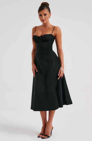 R.F Deanna Midi Dress Cotton-Blend Corseted Bodice Black
