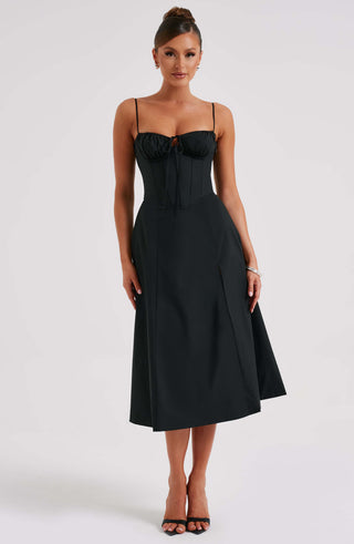 R.F Deanna Midi Dress Cotton-Blend Corseted Bodice Black