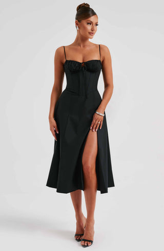 R.F Deanna Midi Dress Cotton-Blend Corseted Bodice Black