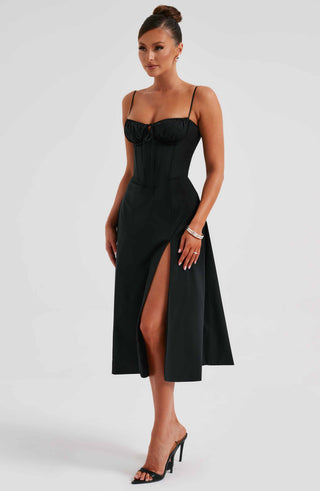 R.F Deanna Midi Dress Cotton-Blend Corseted Bodice Black
