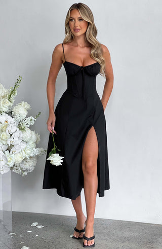 R.F Deanna Midi Dress Cotton-Blend Corseted Bodice Black