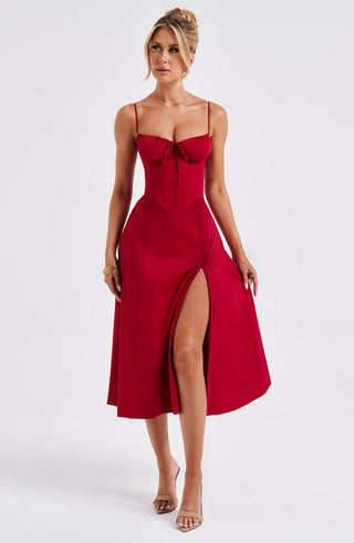 R.F Deanna Midi Dress Cotton Blend Corseted Bodice Red