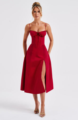 R.F Deanna Midi Dress Cotton Blend Corseted Bodice Red