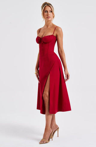 R.F Deanna Midi Dress Cotton Blend Corseted Bodice Red