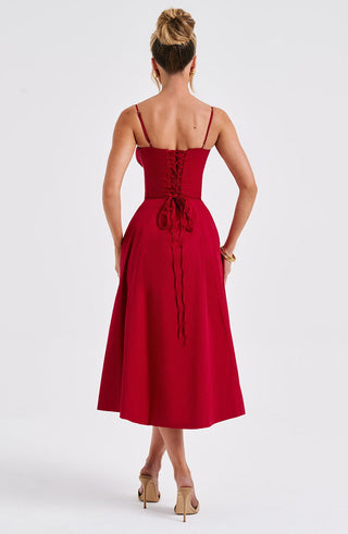 R.F Deanna Midi Dress Cotton Blend Corseted Bodice Red