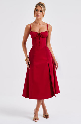 R.F Deanna Midi Dress Cotton Blend Corseted Bodice Red