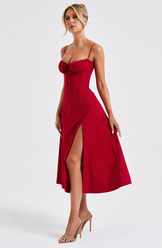 R.F Deanna Midi Dress Cotton Blend Corseted Bodice Red