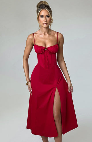 R.F Deanna Midi Dress Cotton Blend Corseted Bodice Red