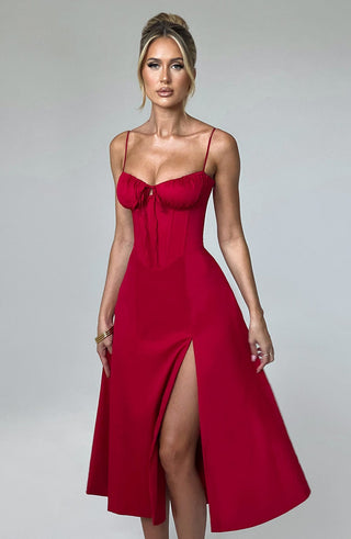 R.F Deanna Midi Dress Cotton Blend Corseted Bodice Red