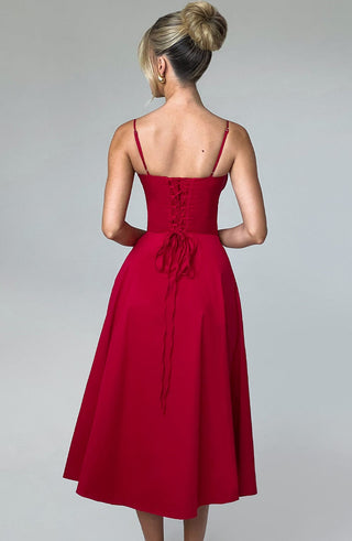 R.F Deanna Midi Dress Cotton Blend Corseted Bodice Red