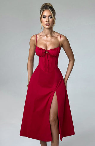 R.F Deanna Midi Dress Cotton Blend Corseted Bodice Red