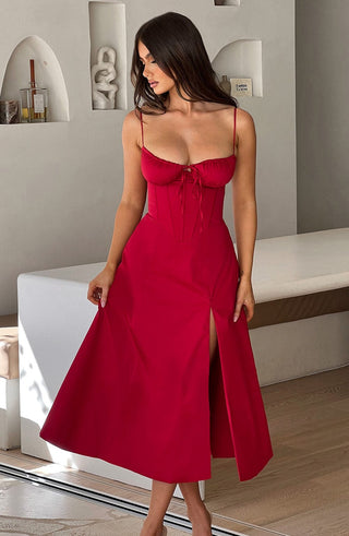 R.F Deanna Midi Dress Cotton Blend Corseted Bodice Red