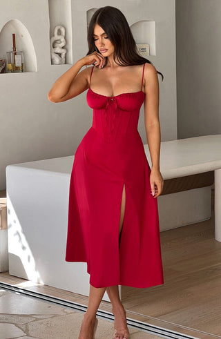R.F Deanna Midi Dress Cotton Blend Corseted Bodice Red
