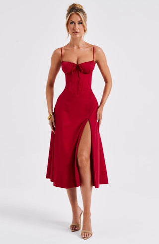 R.F Deanna Midi Dress Cotton Blend Corseted Bodice Red
