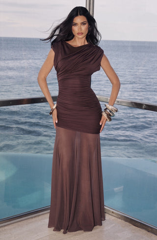 L.F Demelza Maxi Dress Modal Jersey Mesh Skirt Plum Brown