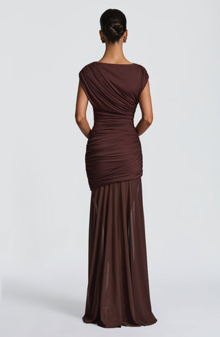 L.F Demelza Maxi Dress Modal Jersey Mesh Skirt Plum Brown