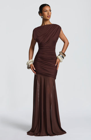 L.F Demelza Maxi Dress Modal Jersey Mesh Skirt Plum Brown