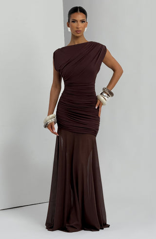 L.F Demelza Maxi Dress Modal Jersey Mesh Skirt Plum Brown