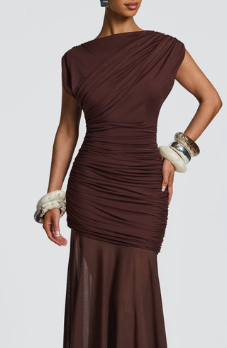 L.F Demelza Maxi Dress Modal Jersey Mesh Skirt Plum Brown