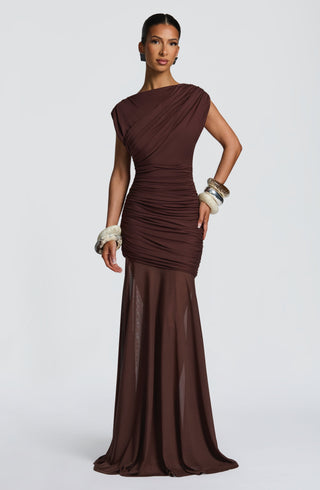 L.F Demelza Maxi Dress Modal Jersey Mesh Skirt Plum Brown