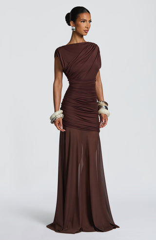 L.F Demelza Maxi Dress Modal Jersey Mesh Skirt Plum Brown