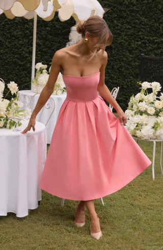 R.F Edith Midi Dress Strapless Stretch Bengaline Coral Pink