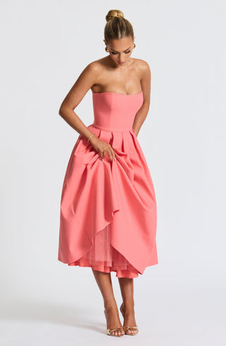 R.F Edith Midi Dress Strapless Stretch Bengaline Coral Pink
