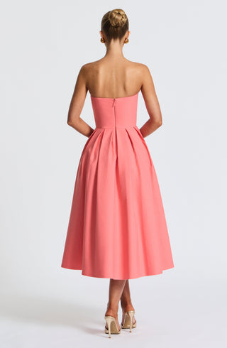 R.F Edith Midi Dress Strapless Stretch Bengaline Coral Pink