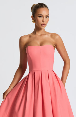 R.F Edith Midi Dress Strapless Stretch Bengaline Coral Pink
