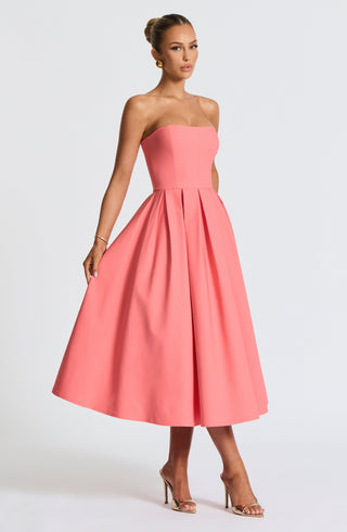 R.F Edith Midi Dress Strapless Stretch Bengaline Coral Pink